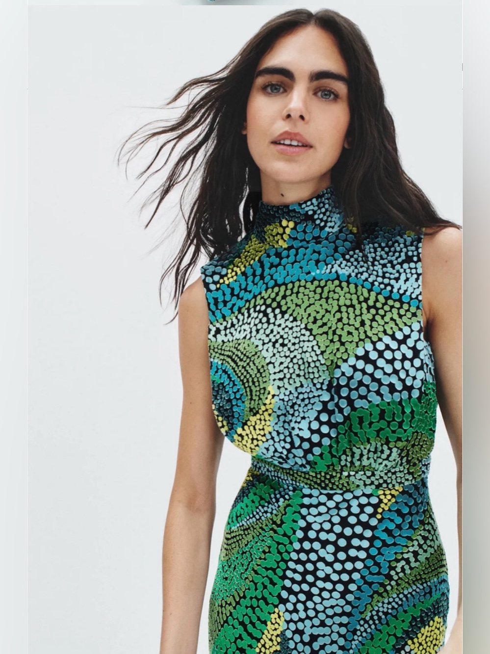 SALONI Fleur Dot Print Dress Sleeveless High-Neck Green Patterned Maxi US 12 - Picture 7 of 17